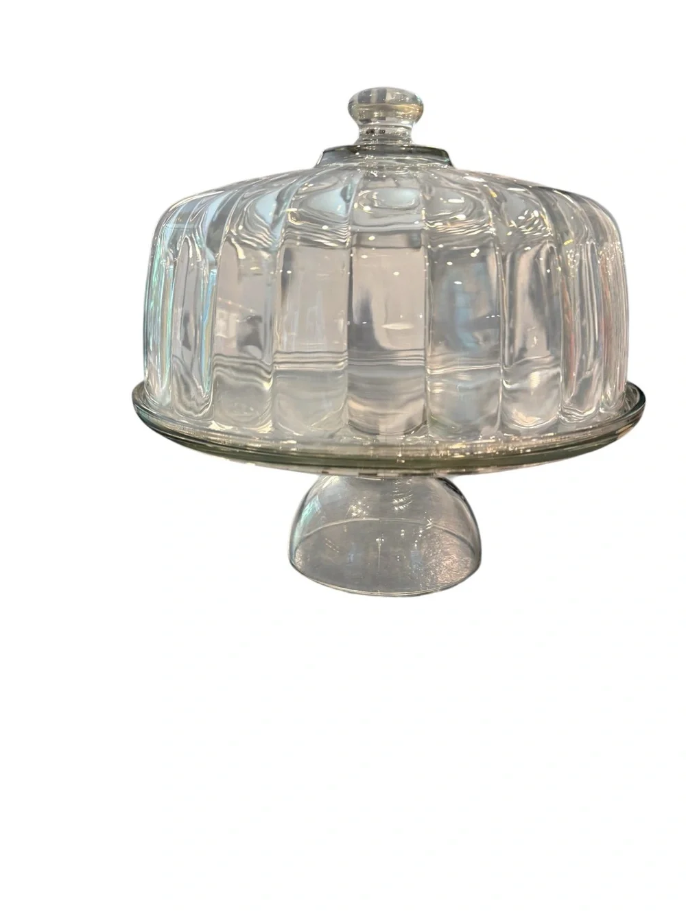 Vintage Clear Ribbed Glass Pedestal Cake Stand with Dome Lid / Cloche Farmhouse